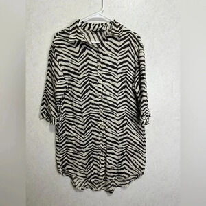 TAHARI Zebra Print Button Up Tunic Top Linen Blend Lightweight Size Small